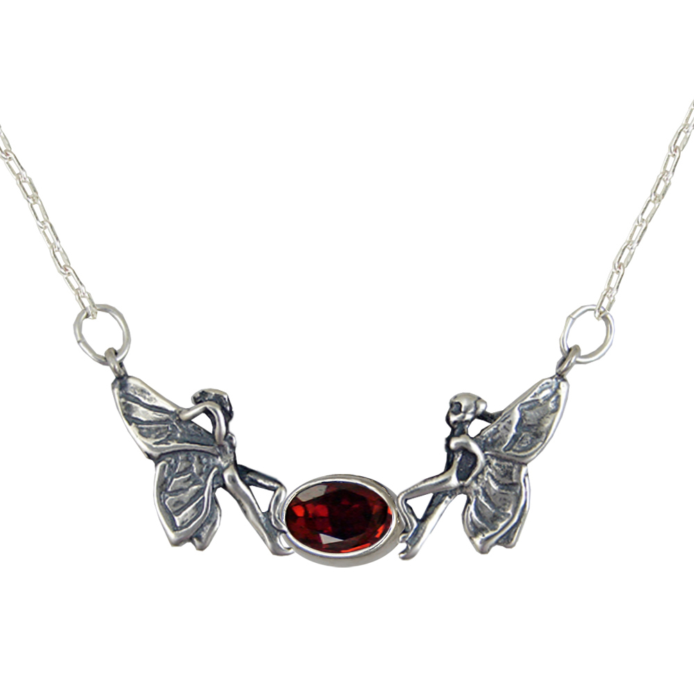 Sterling Silver Pair of Fairies Necklace With Garnet